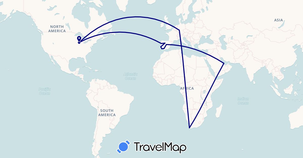 TravelMap itinerary: driving in Germany, Spain, Portugal, Qatar, United States, South Africa (Africa, Asia, Europe, North America)